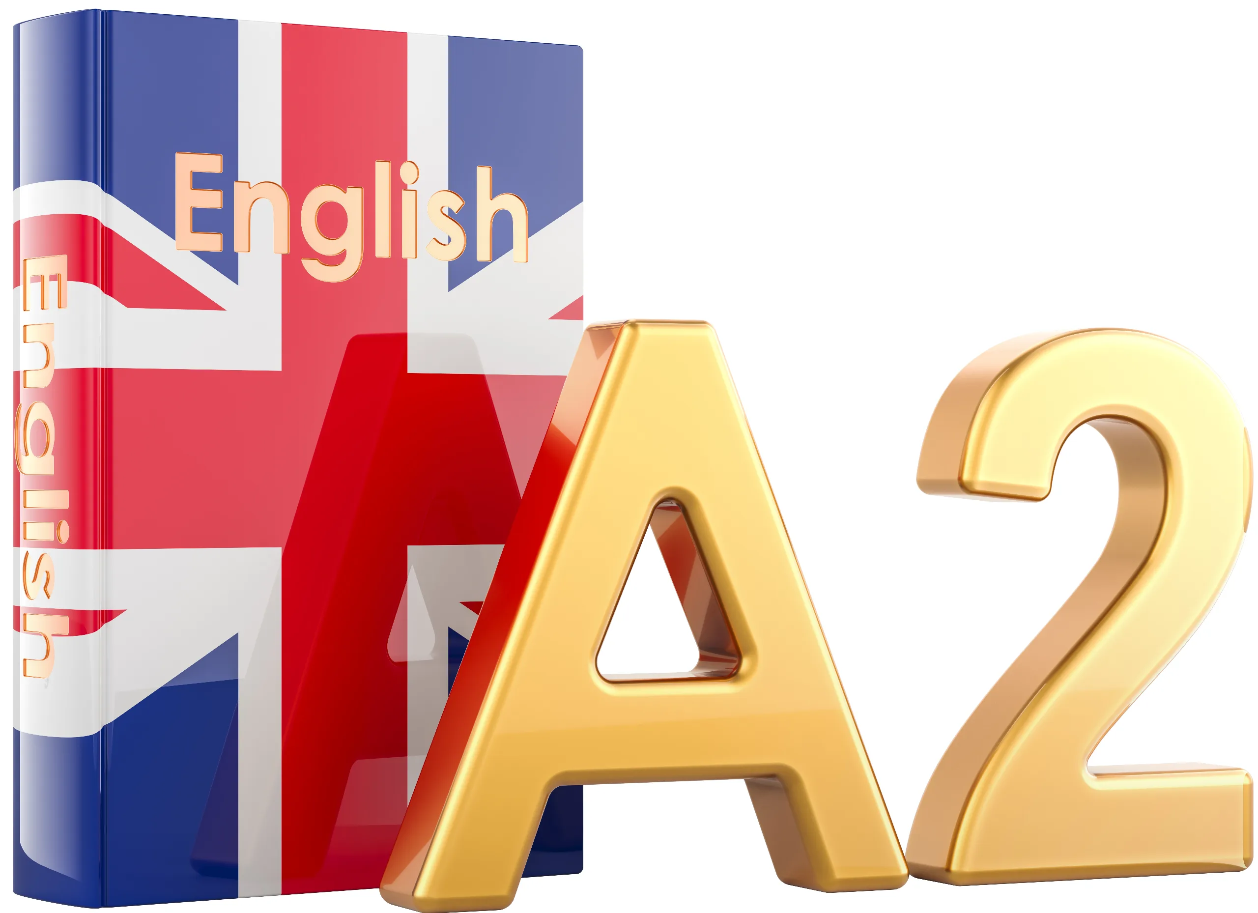Üzerinde İngiliz bayrağı bulunan English yazılı kitap ve yanında altın renkli üç boyutlu A2 harfleri